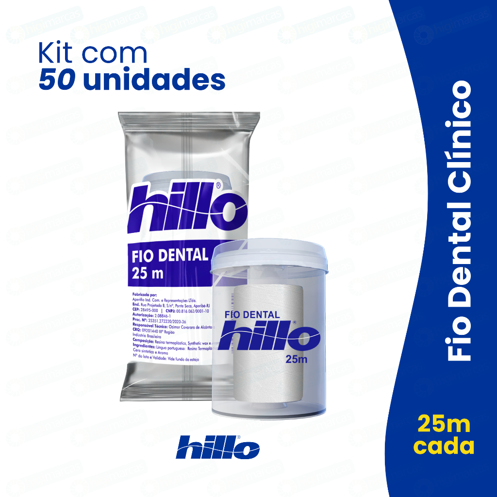 Kit 50 Fio Dental 25 Metros Hillo Econômico Brinde Higiene Completa