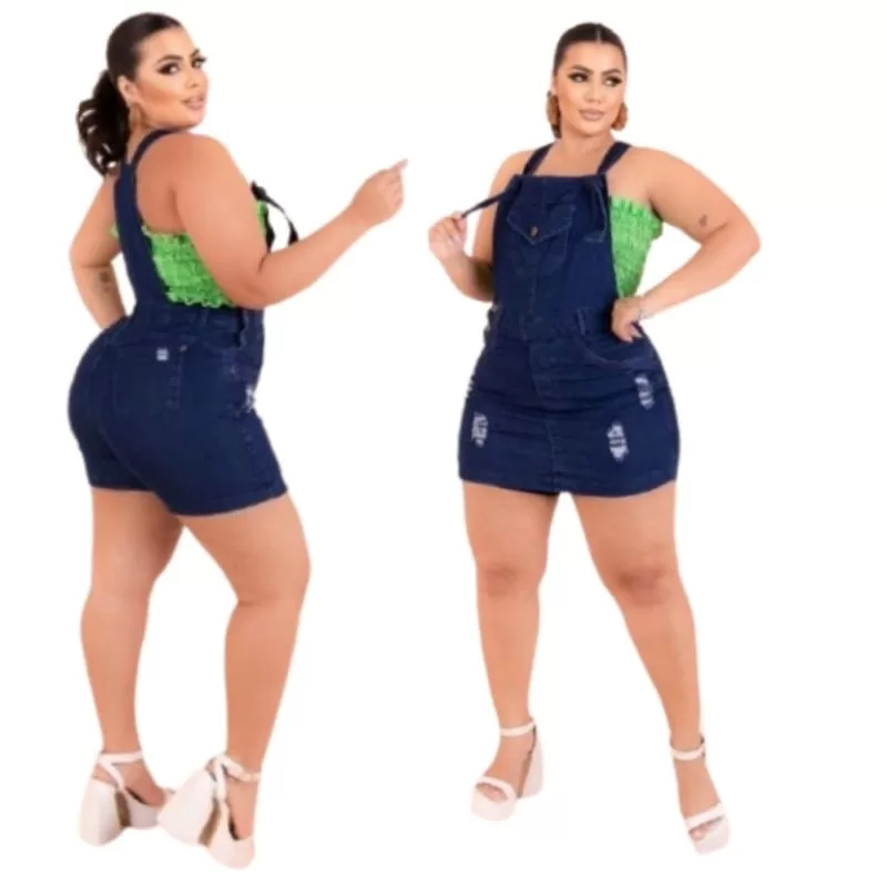 Jardinheira Short Saia Plus Size Destroide Laycra Mulher Charmosa