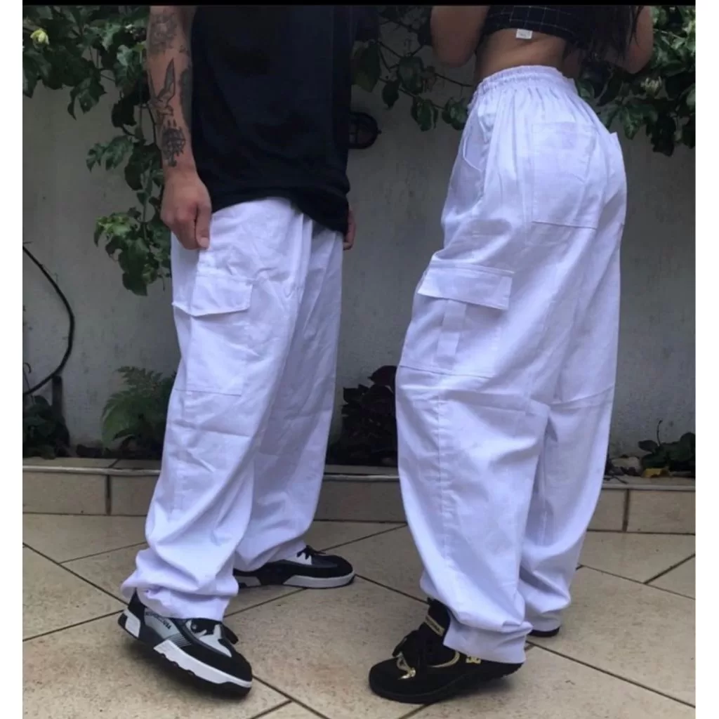 Calça Cargo jeans e sarja Larga Masculina Skate Caqui 6 Bolsos Fechamento Cordão Unissex