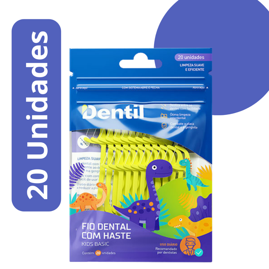 Fio Dental Infantil Para Crianças Dentil Kids Basic com Haste 20 Unidades Seguro