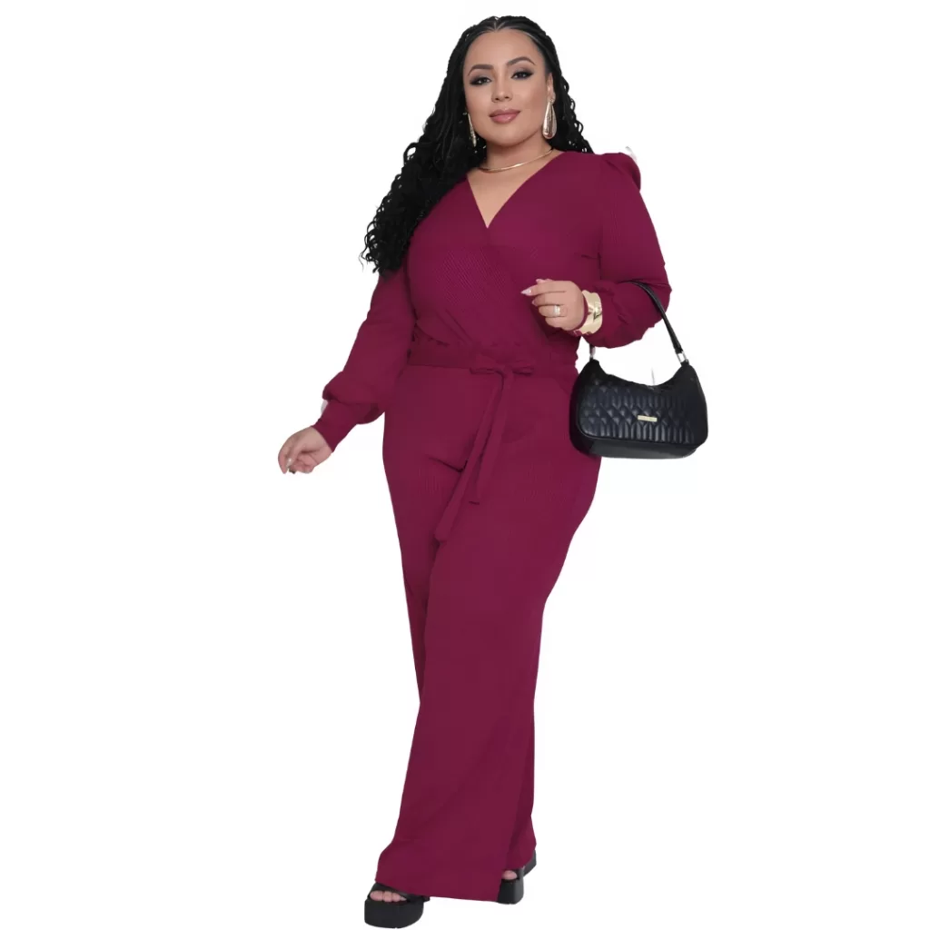 Macacão Plus Size Feminino Longo Pantalona Social Elegante chique com malha canelada decote em laço