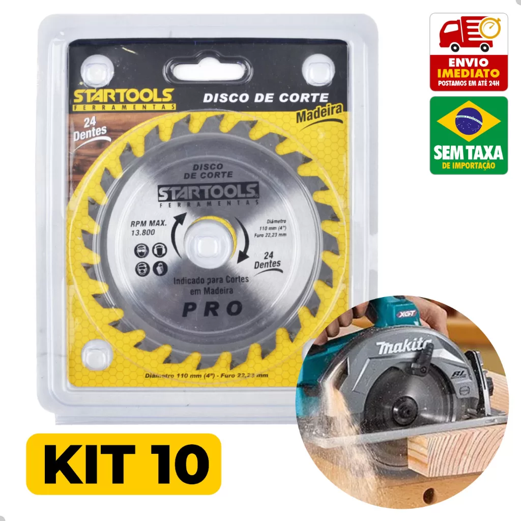 Kit 5/10 Disco de Corte Madeira Aço Carbono 24 Dentes Startools AR0136