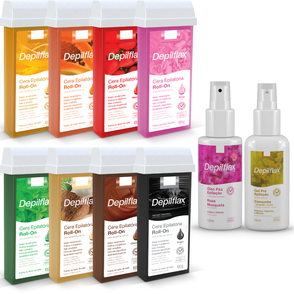 Kit Depilflax Cera Roll On Refil Depilatória Fragrâncias 100g Gel Pré Calmante 100ml Óleo Pós 100ml
