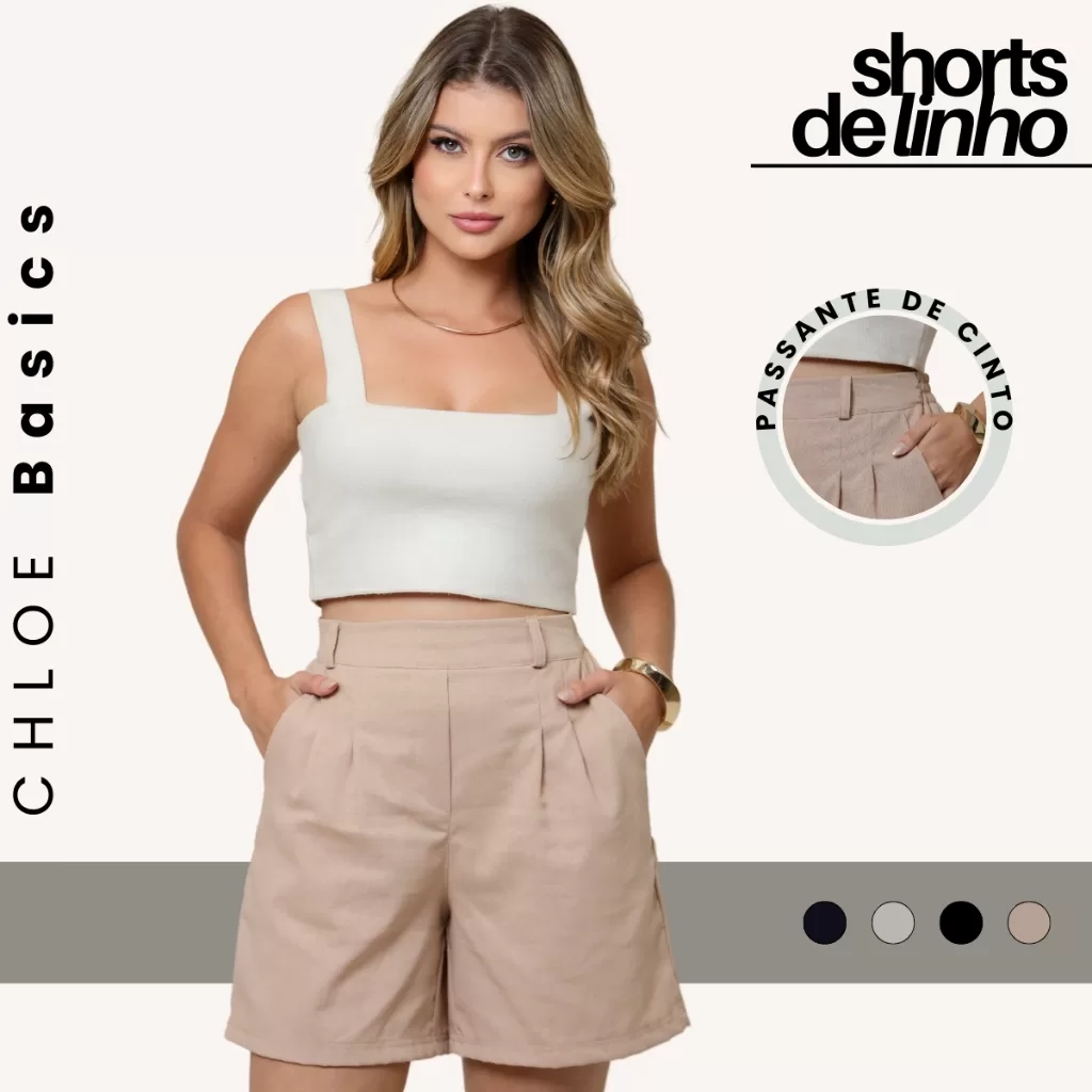 Shorts Feminino Alfaiataria Linho Premium Cintura Alta Cós Elástico Com Bolso Social M ao G1 Dia das