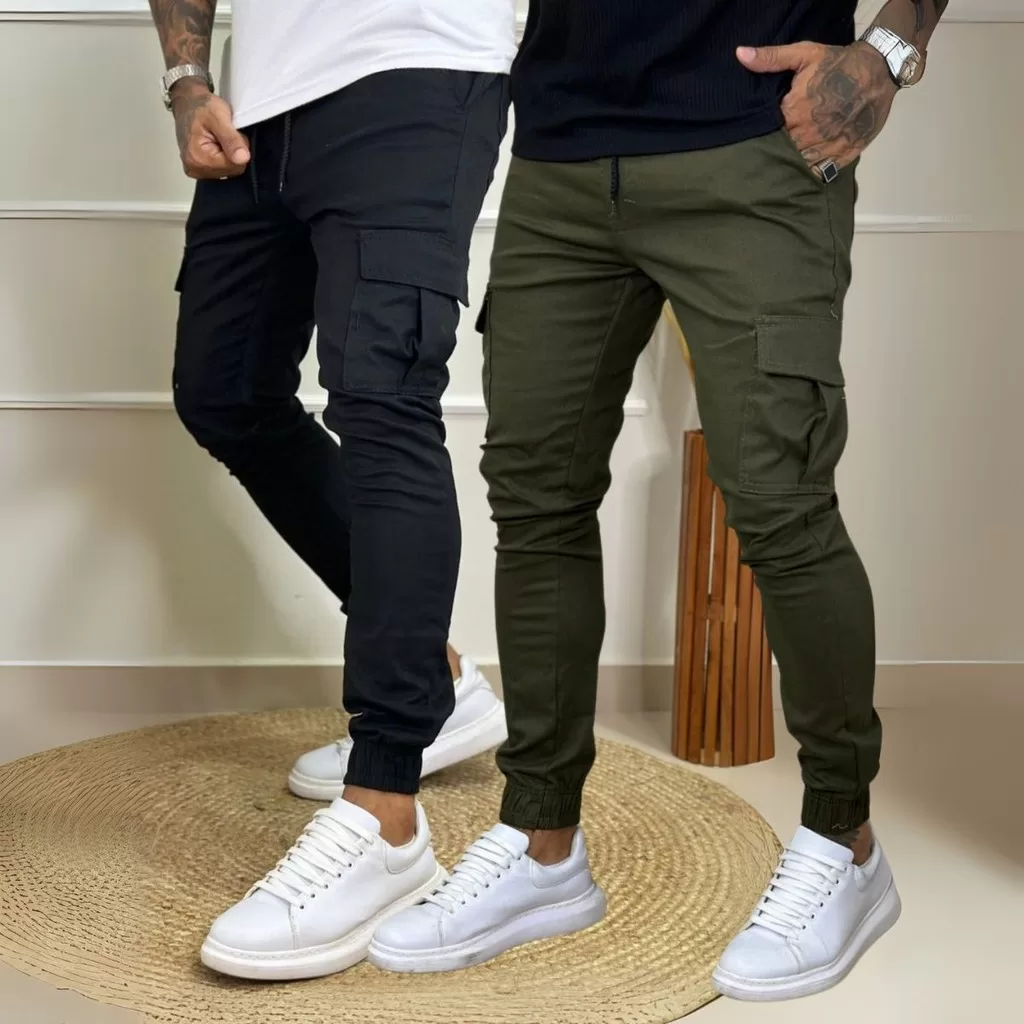 Kit 2 Calça Jogger Cargo Sarja Masculina Premium Calca Estilo Street Sarja