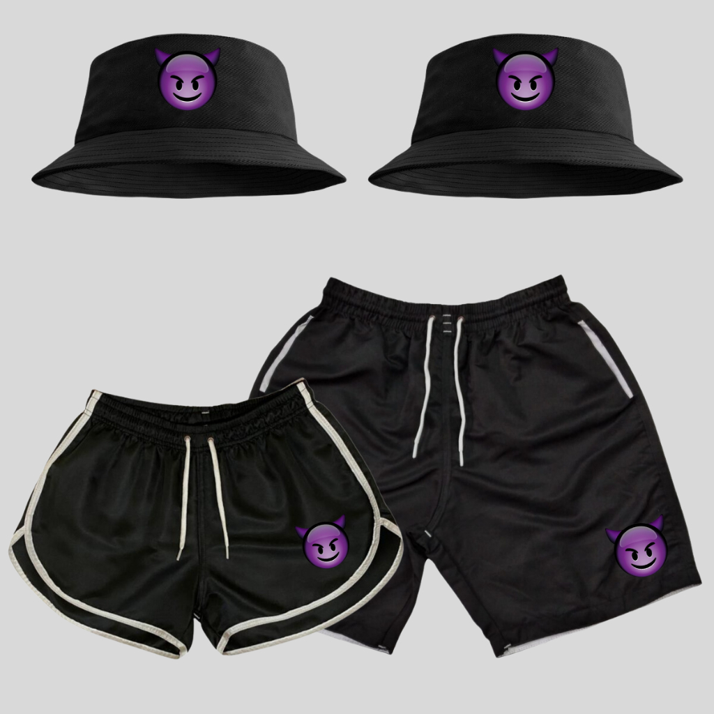 Conjunto Shorts Praia Mozão Malvadinhos + 2 Chapéis Bucket Hat Combinando