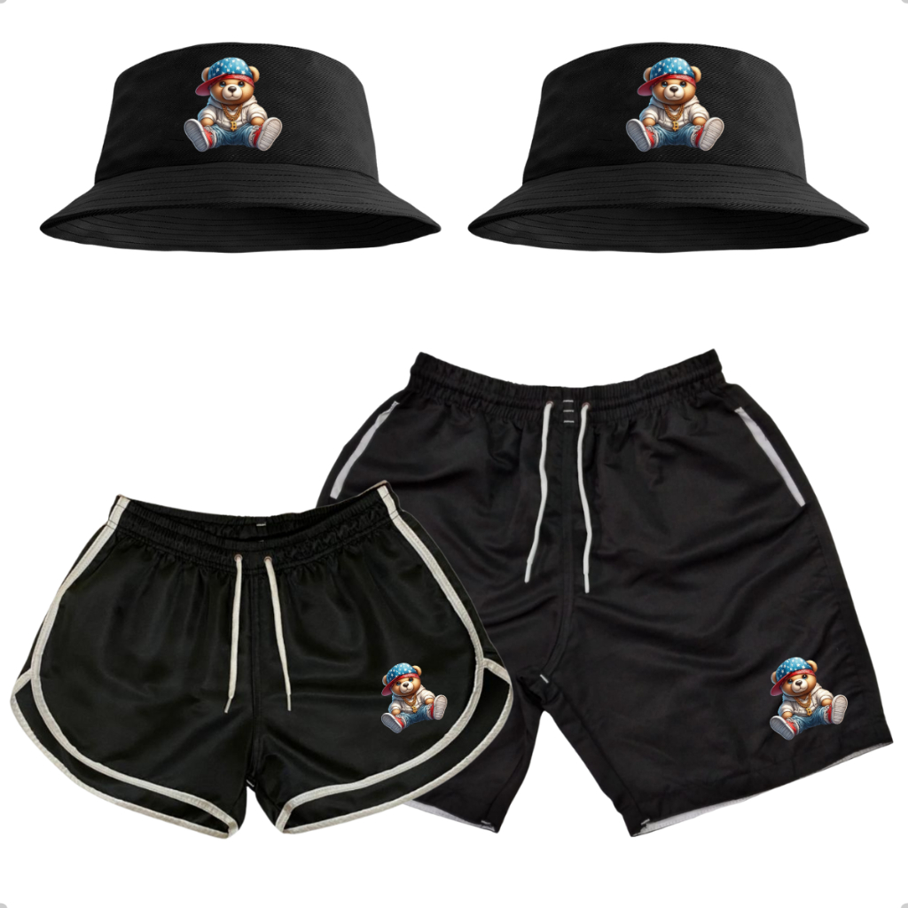 Conjunto Shorts Casais + Kit Casal Chapéus Bucket Hat Namorados