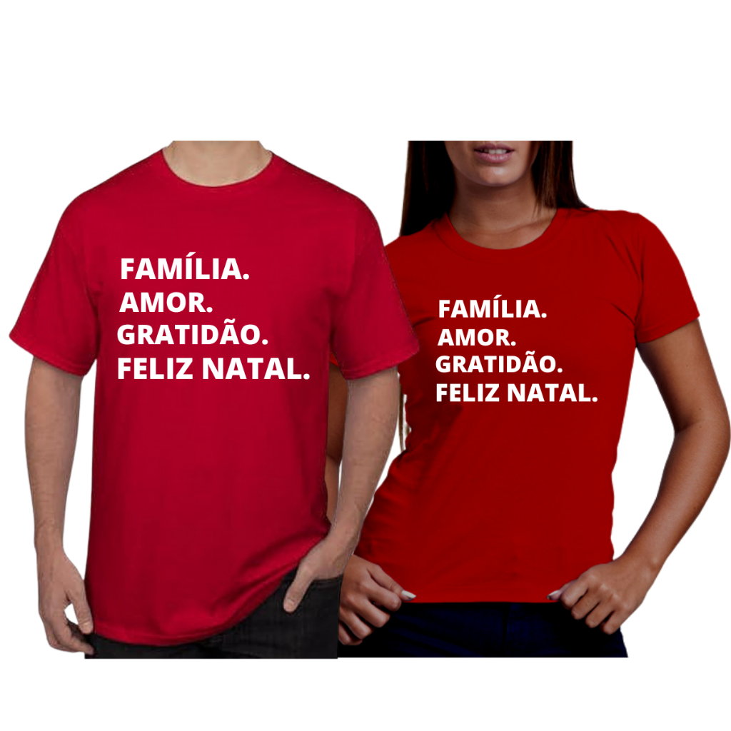Kit 2 Camisas Casal Vermelhas Camiseta de Casal para Natal Familia Amor Gratidao