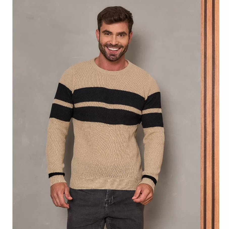 Suéter Masculino Blusa de Frio Tricô Manga Longa Listrada Social Casual Gola Redonda Malha