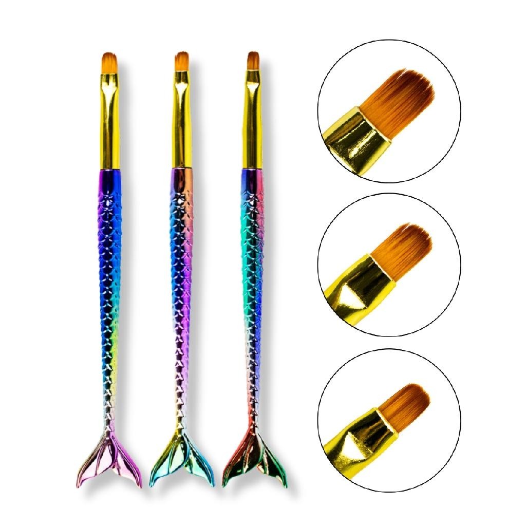 Kit 3 Pincéis Sereia Língua de Gato Unha Gel Fibra Nail Art Unhas Decoradas Decoração Pó Manicure