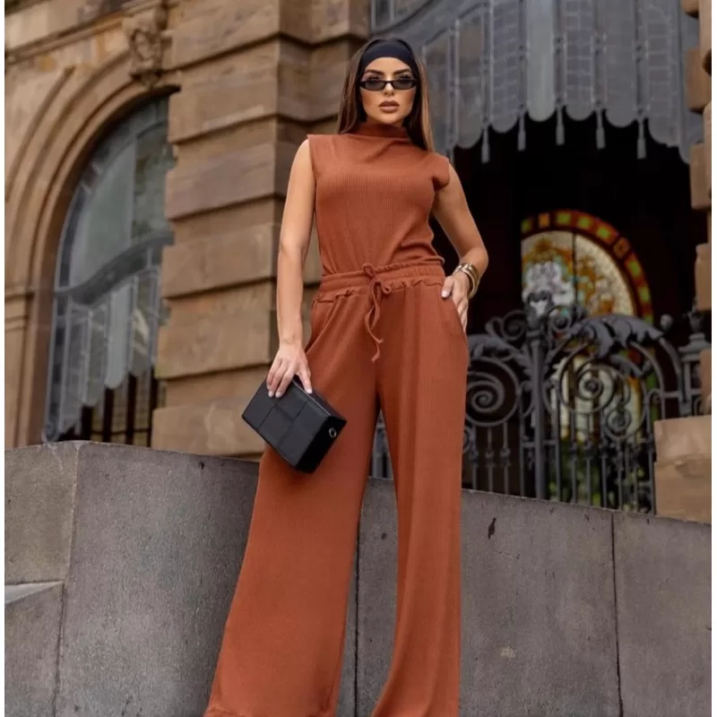 Conjunto Feminino Calça Pantalona E Blusa Gola Alta Canelado Premium Casual Elegante Tendência Lança