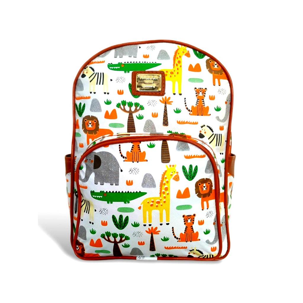 Mochila Maternidade Menino Bolsa de Costas Passeio Creche Escola C/ Desenho Animais Safari