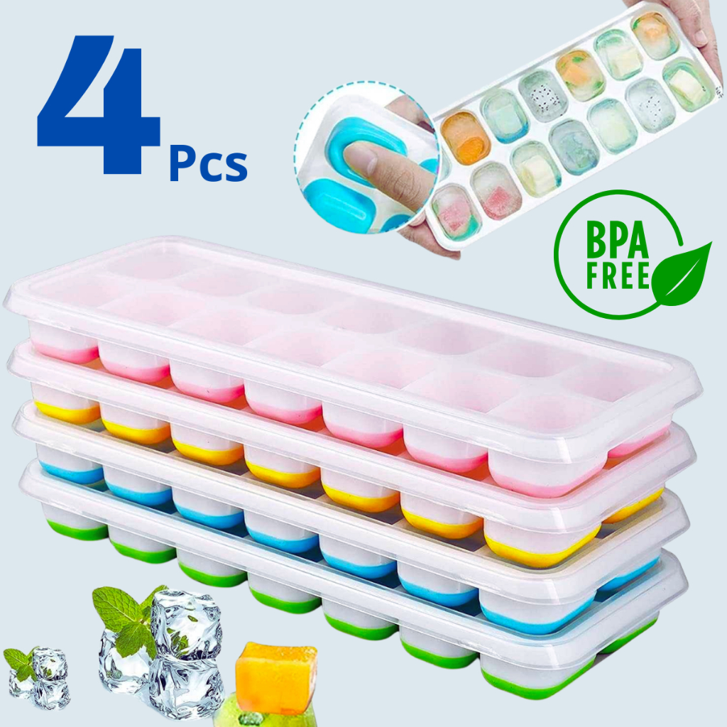 Kit  Formas de Gelo Silicone Com Tampa Rígida Flexível Fundo Retangular 14 Cubos Multiuso Lavável