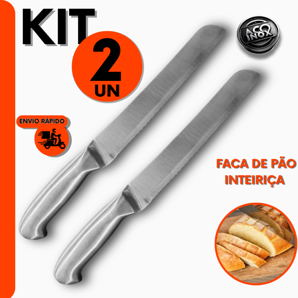 Kit Faca Serrilhada Inteiriça Aço Inox Corta Pão Torta Bolo Para Padaria Cozinhas Pães e Bolos
