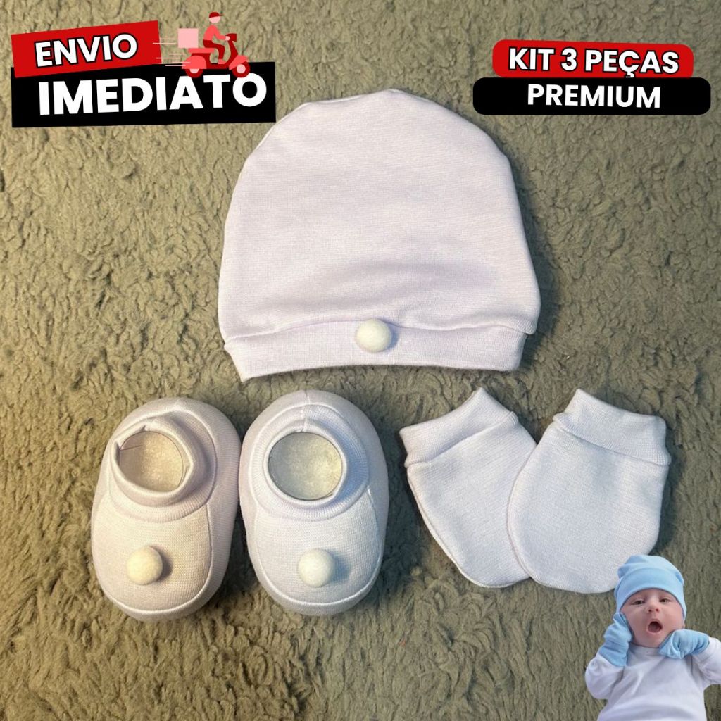Kit 3 Peças Touca Luva e Sapatinho De Bebê 0 À 3 Meses Kit Luxo Premium