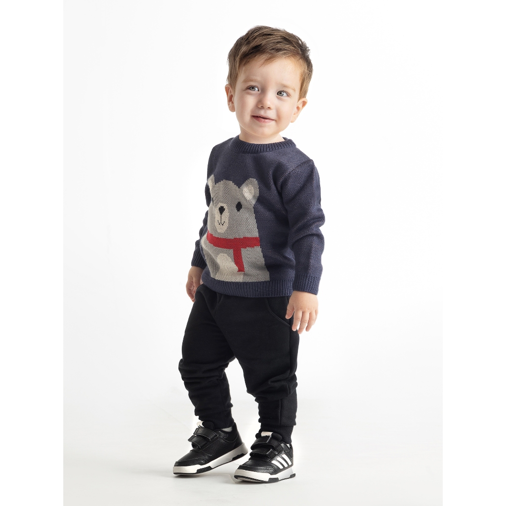 Suéter Blusa Tricô Infantil Menino com Urso de Cachecol  Azul | Inverno