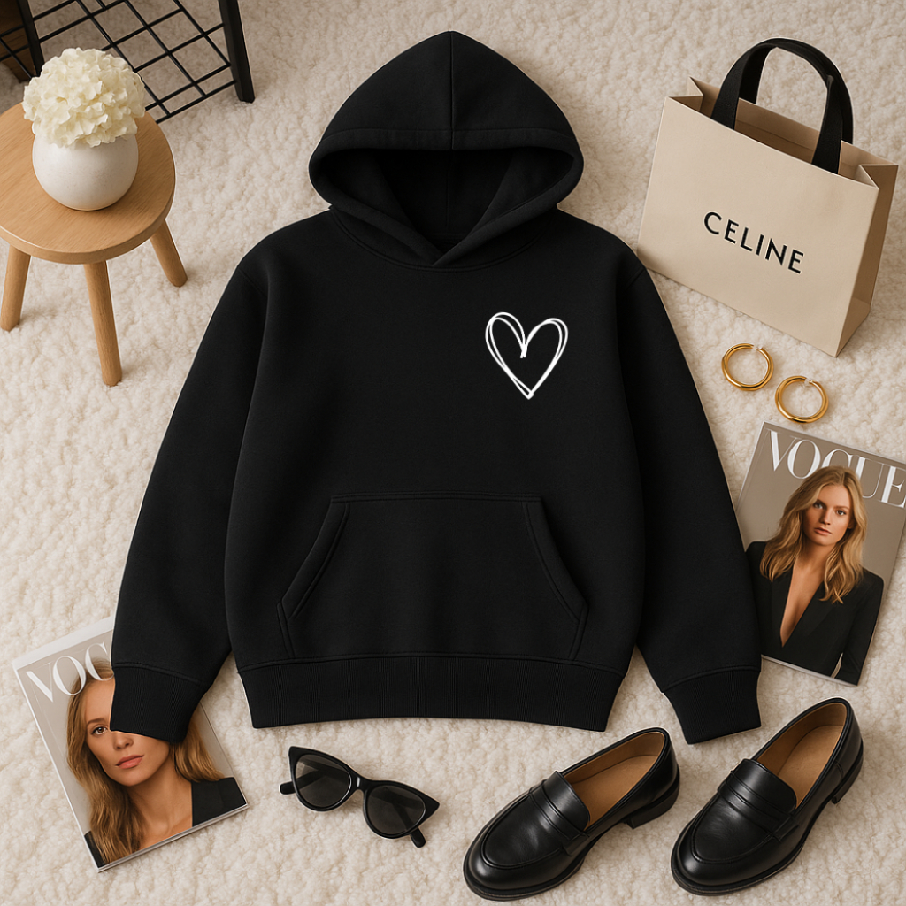 Blusa De Frio Moletom Feminina Coração No Peito Moletom Unissex Bolso Canguru Com Capuz Flanelado Te
