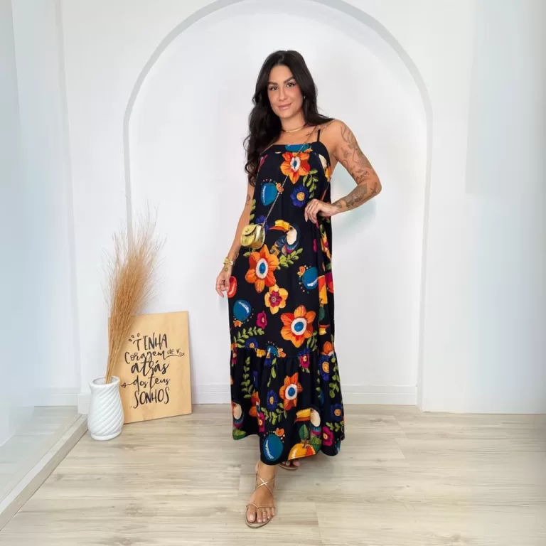 Vestido Feminino Longo Estampado Inspiração Farm