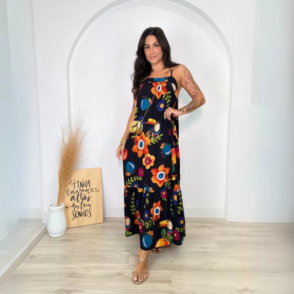 Vestido Feminino Longo Estampado Estampas Tropicais Midi Size Plus Size