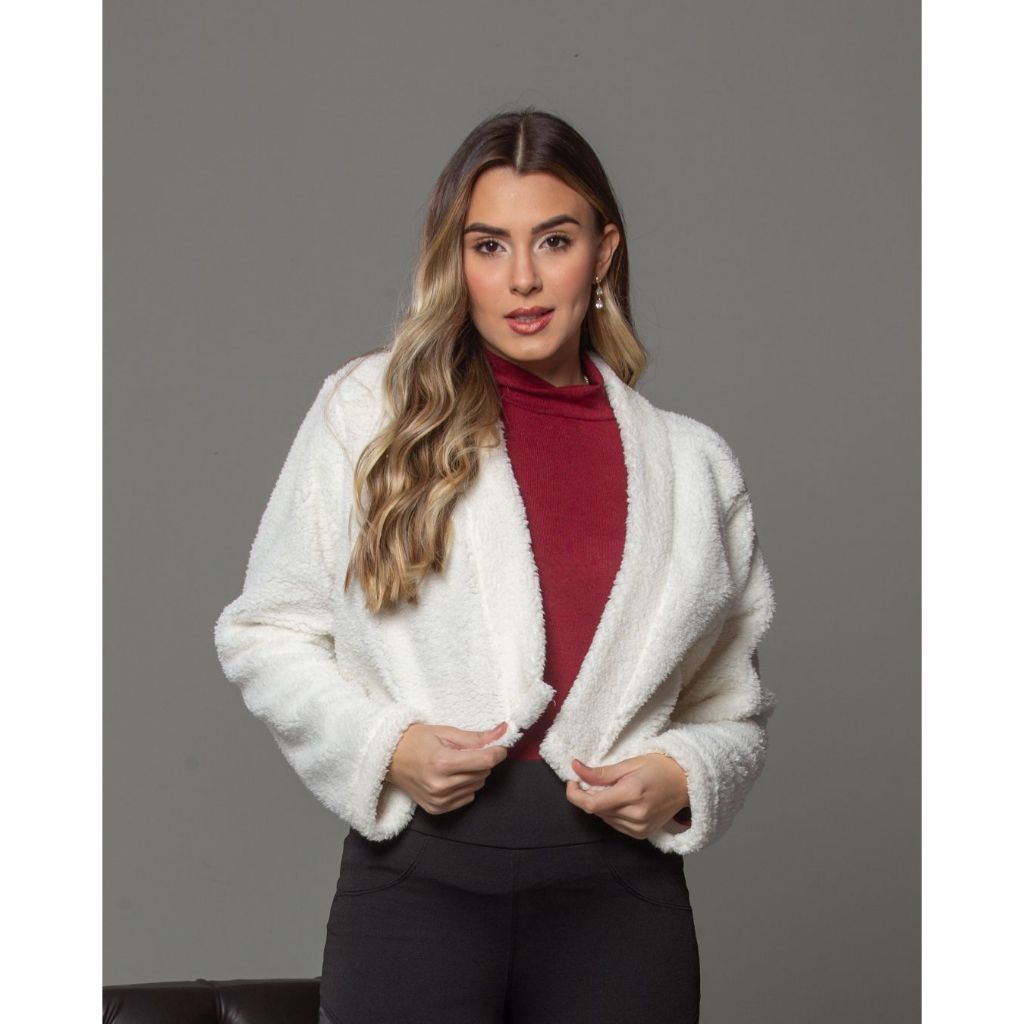 Casaco Feminino Jaqueta Cropped Teddy Lanzinha 996 Branco Inverno 2025