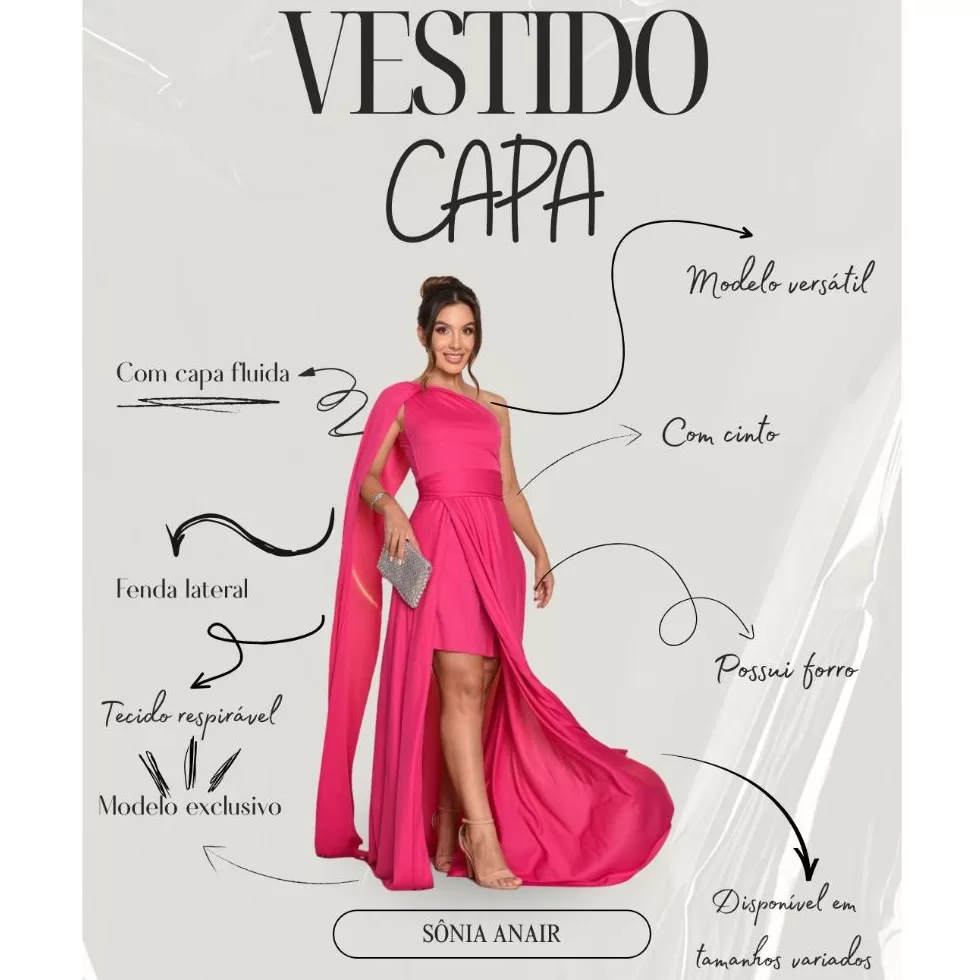 Vestido Feminino Longo com Capa Festa Casamento Madrinhas Formatura Plus Size