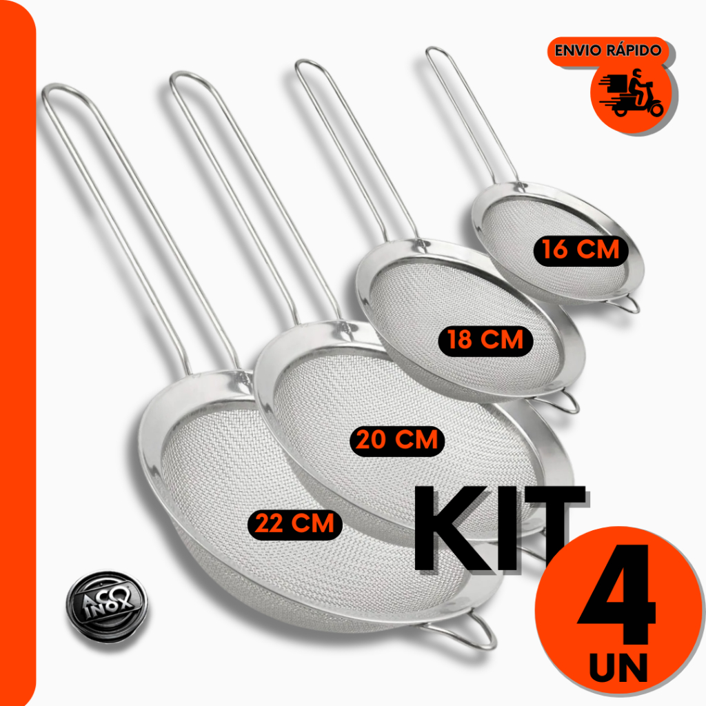 Kit 4 Peneiras em Aço Profissional P/ Confeiteiros e Cozinheiros P/ Restaurantes e Cozinha e Padaria