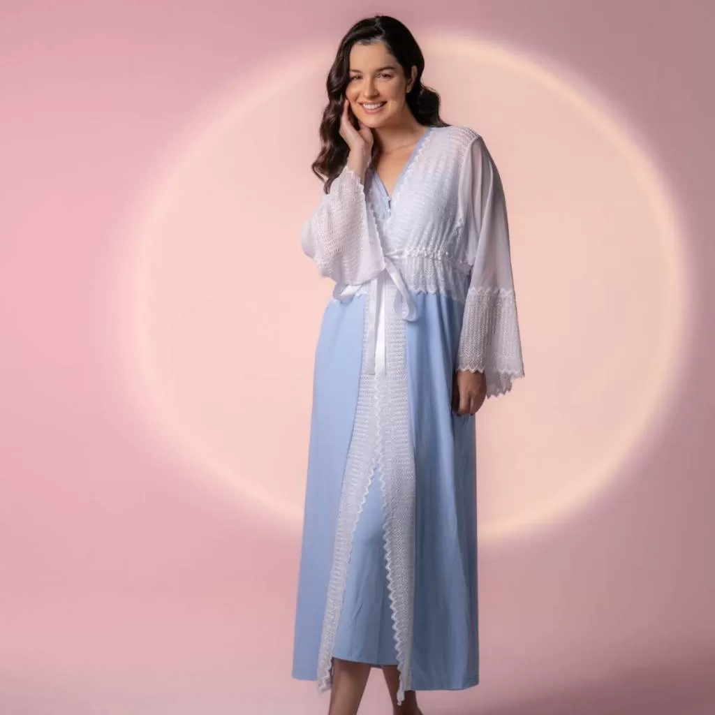 Kit Robe E Camisola De Amamentação Renda Delicado Roby