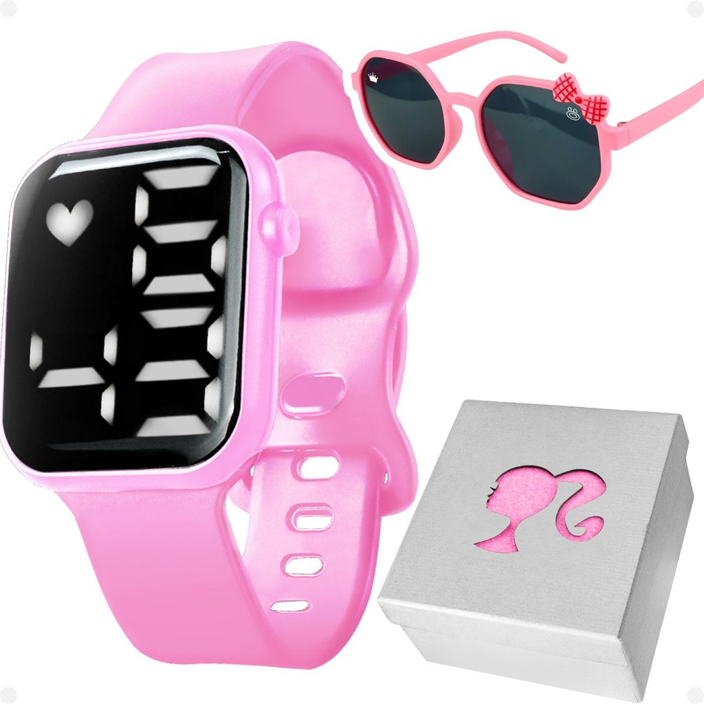 Relogio digital rosa infantil + oculos proteção uv + caixa pink ajustavel criança presente barbie