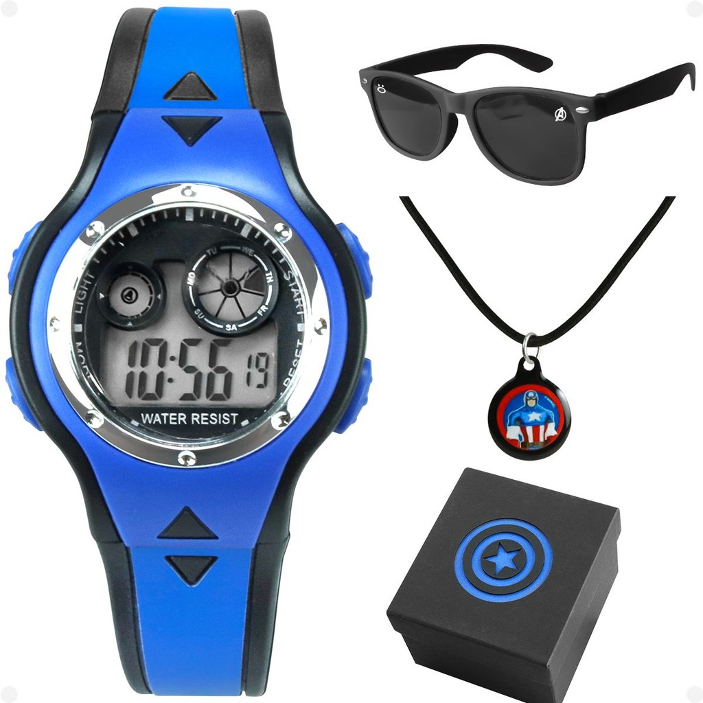Relogio Infantil Digital + Caixa Colar azul social ajustavel silicone casual preto capitão america