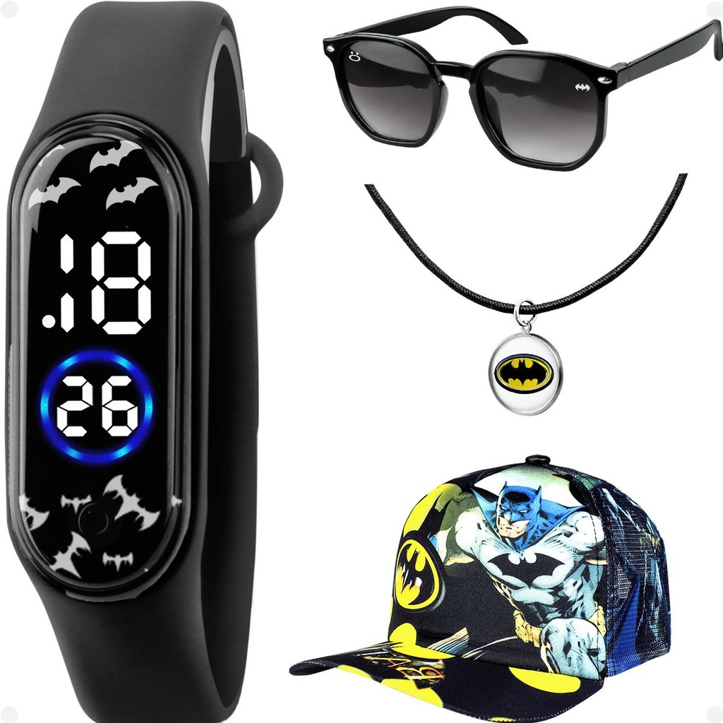 relogio prova dagua digital infantil + bone + colar + oculos adolescente data preto esportivo menino
