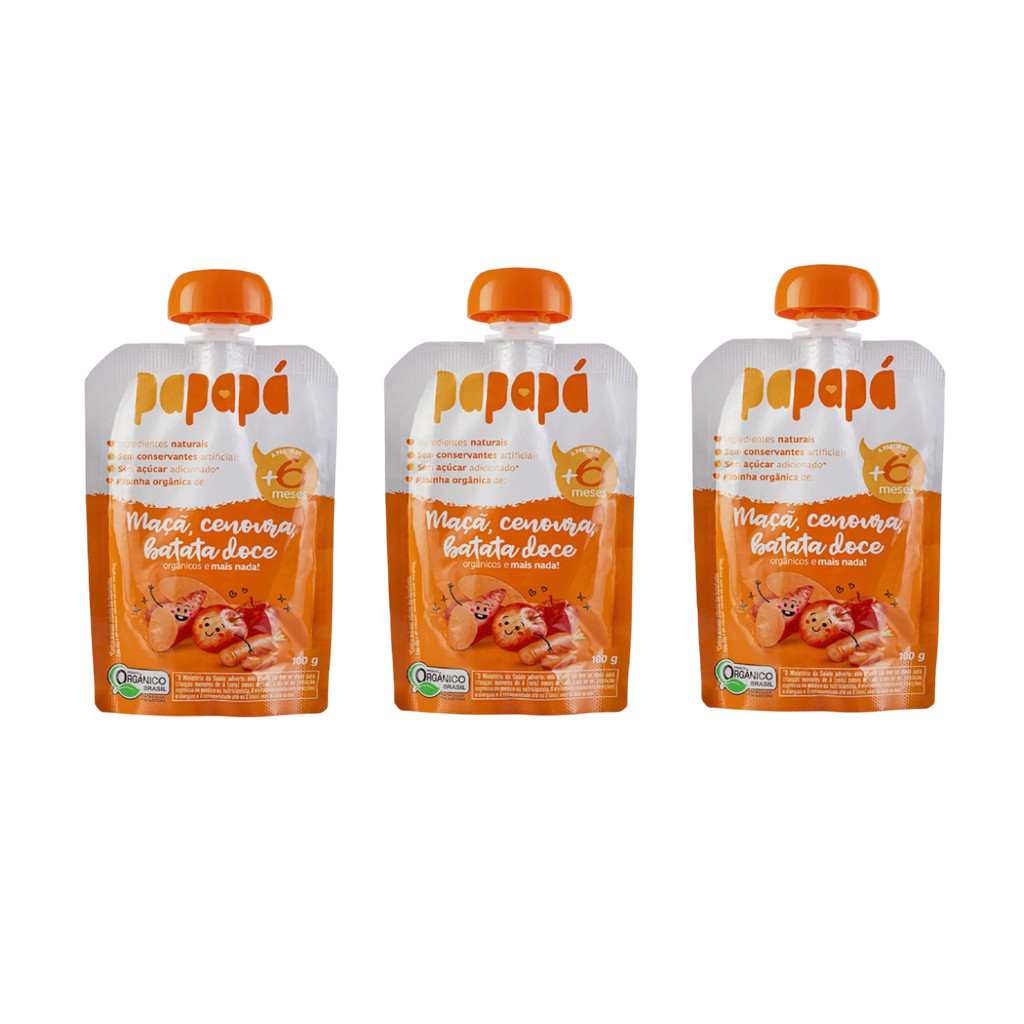 Kit 3x Papinha Orgânica Maçã Cenoura Batata-Doce Papapá 100g