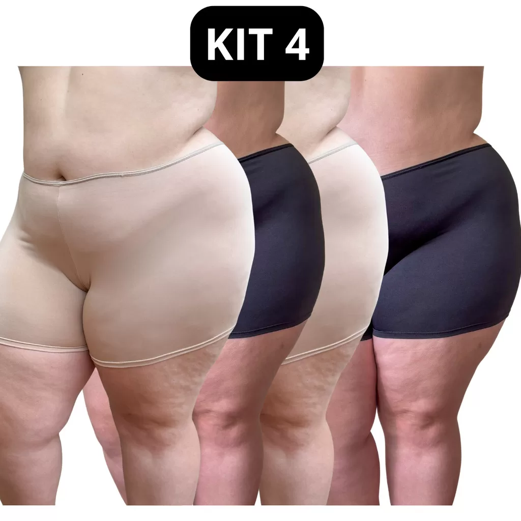 KIT 4 Short Segunda Pele Anagua Plus Size Feminino Calção Preto Bege 48/50/52/54