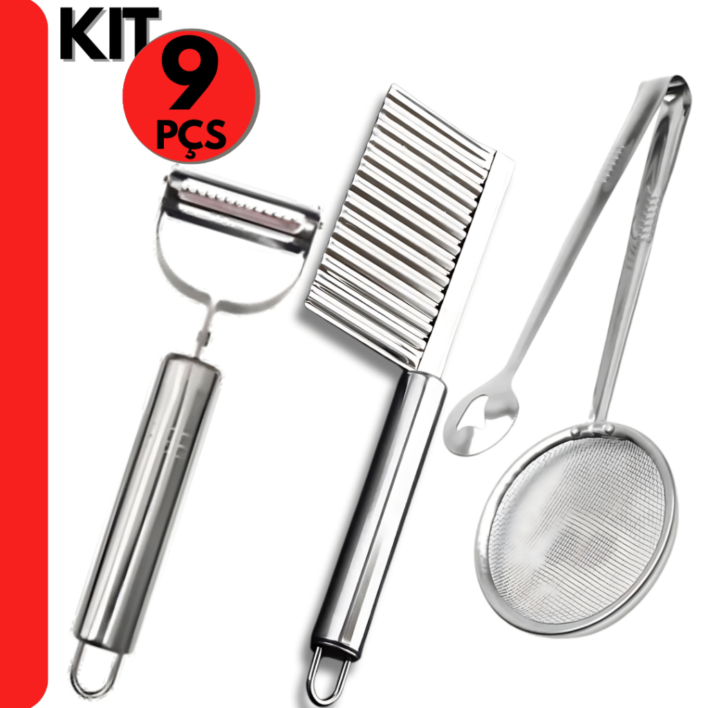 Kit 9 pçs; Cortador Ondulado, Escumadeira pescadora, Descascador de Legumes para Cozinha e Restauran