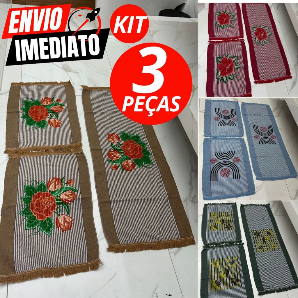 Jogo 3 Peças de Passadeira de Cozinha Tapete de Tear Artesanal Antiderrapante Banheiro