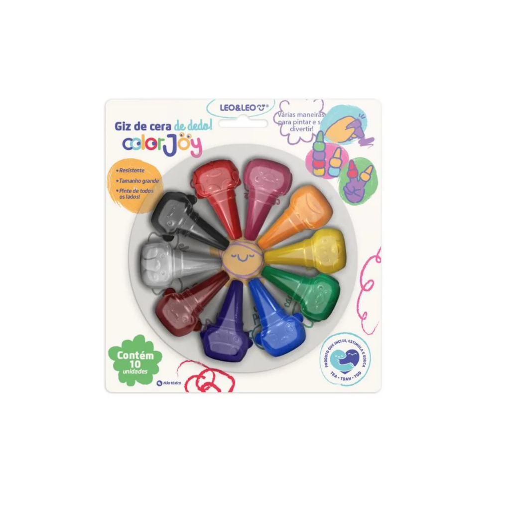 Giz de Cera de Dedo ColorJoy 10 Unidades Lavável Infantil Arte Escolar Brinquedo Educativo