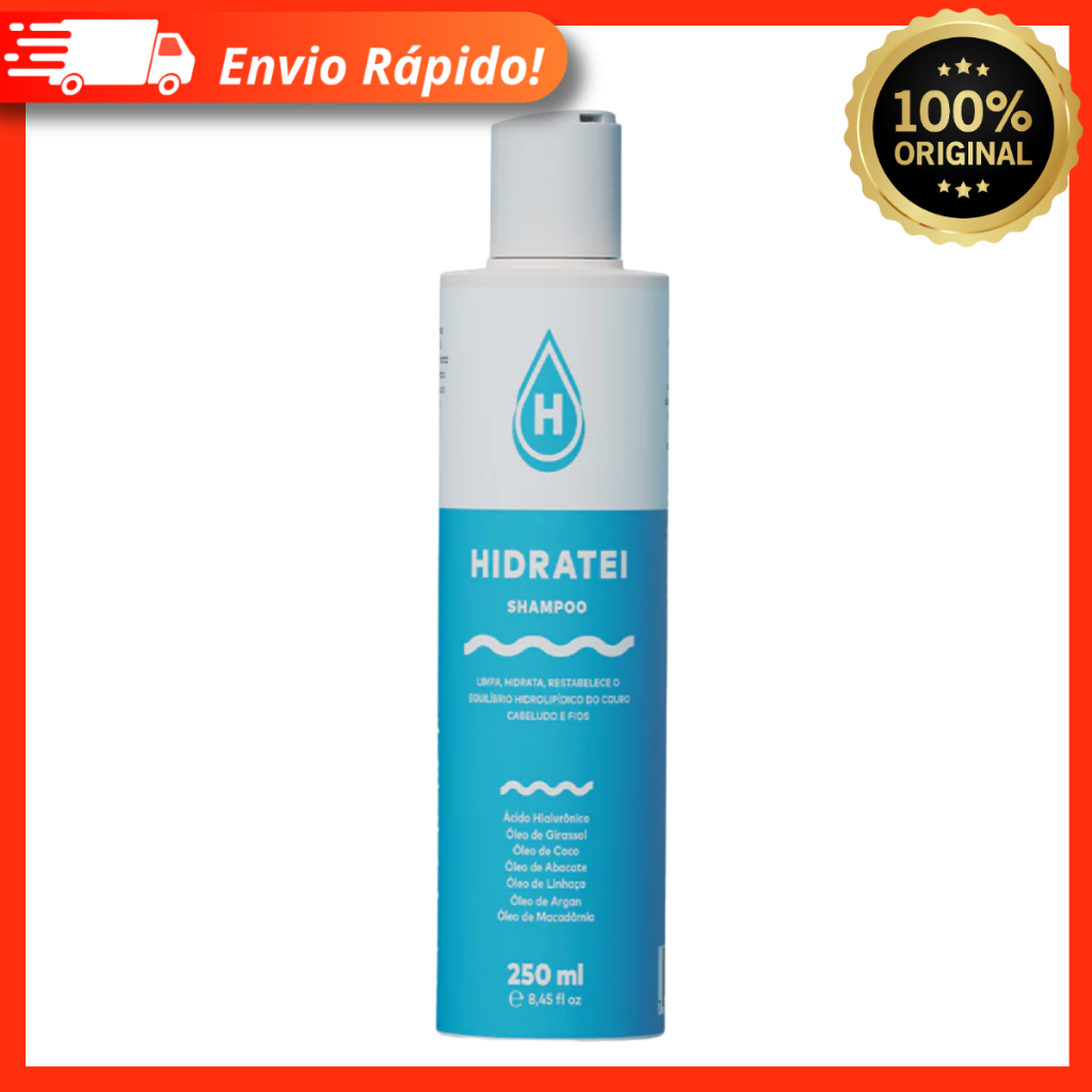 Shampoo Hidratei 250ml – Hidrata e Limpa – Com Ácido Hialurônico e Blend de Óleos