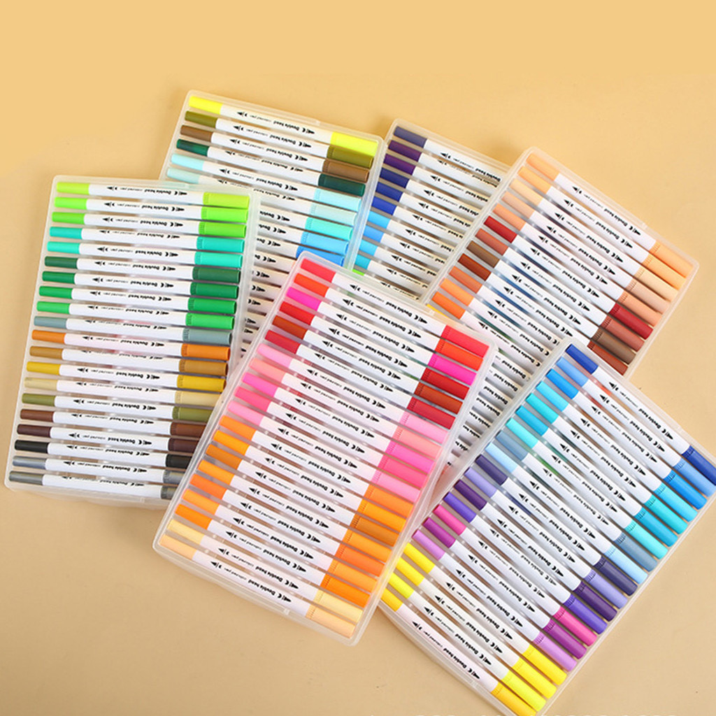 Kit 60 80 100 120 Cores Canetas 2 em 1 Brush Lettering e Ponta Fina Dual Pen Canetinha Colorir Desen