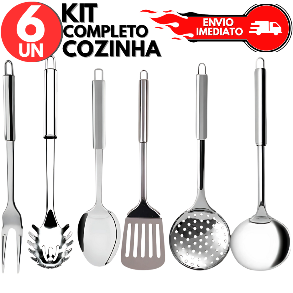 Kit 6 Pçs Utensilios de Cozinha Inox , Escumadeira, Concha, Garfo Trinchante, Espátula Vazada, Colhe