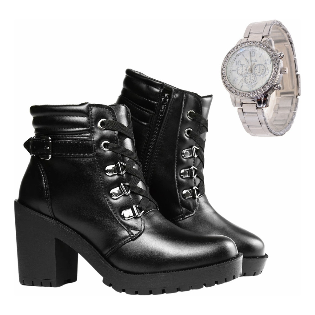 Coturno Blogueira Bota Tratorado Feminino + Relógio Feminino