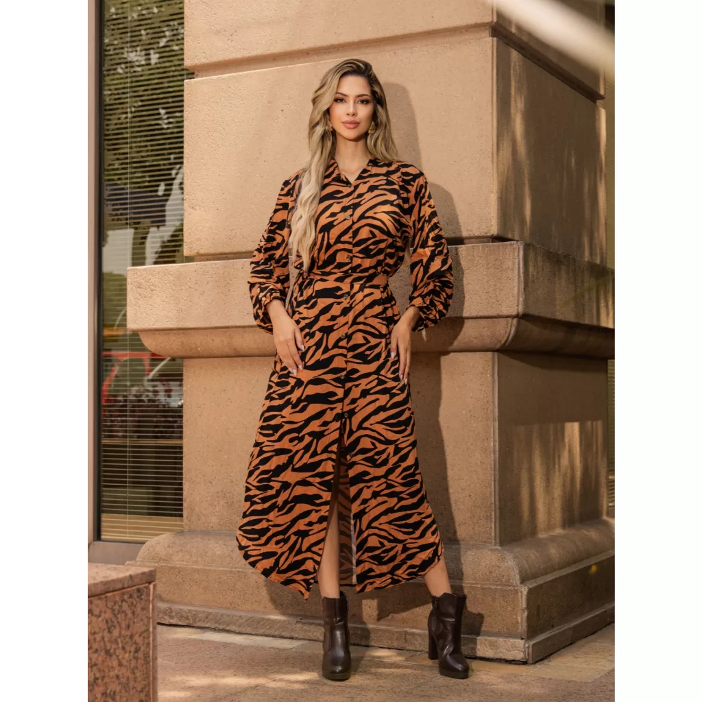 Vestido Chemise Feminino Longo Estampado Viscolinho Manga Longa Elegante Casual