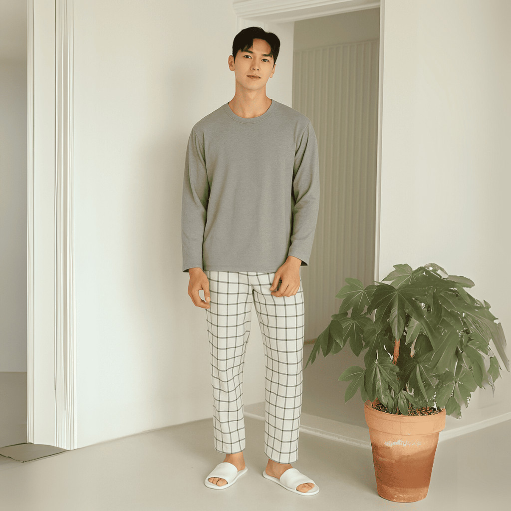 Pijama de Inverno Masculino Manga Longa Calça Comprida Adulto de Frio Xadrez