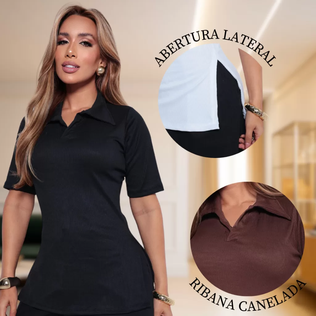 Blusa Gola Polo Feminina Canelada Camiseta Manga Curta Ribana Moda Social Casual Trabalho