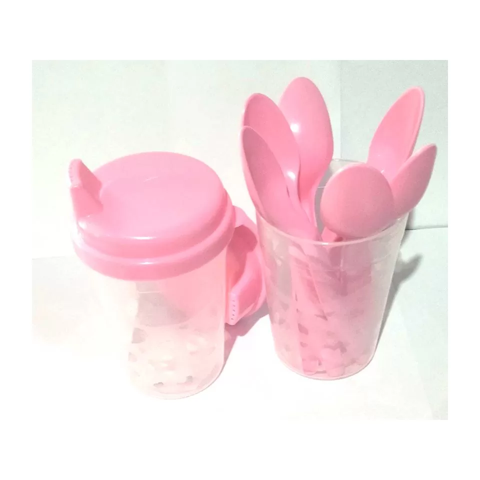 Kit 2 Copos e 6 Talheres de Plástico Rosa