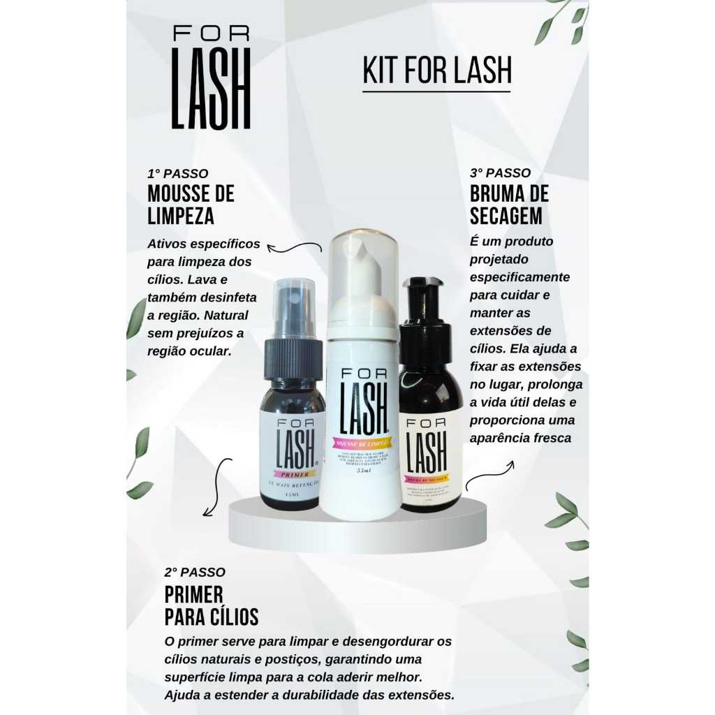 Kit Preparador para Extensionistas de Cílios – Linha ForLash ( 1. Mousse limpeza, 2.Primer , 3. Ac