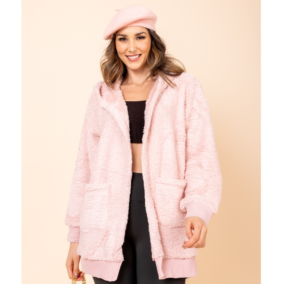 Casaco Feminino Teddy Rosa Premium Capuz Bolsos Pelinhos Sobretudo Inverno Jaqueta Blogueira Moda