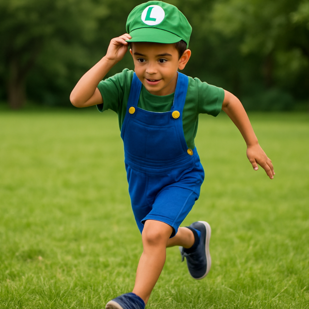 Fantasia Infantil Luigi E Super Mario Bros Manga Curta Com + Boina Chapeu Completo Cosplay Game