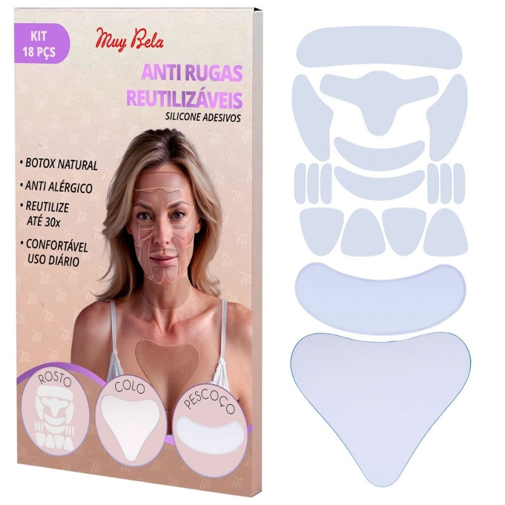 Kit Adesivo Silicone Anti Rugas Reutilizável Muy Bela 17 Peças Triângulo Colo Peito Skin Care Coláge
