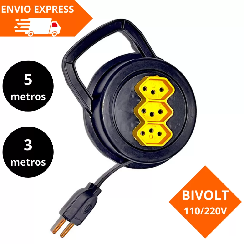 EXTENSÃO 3/5 METROS REDONDA RETRATIL 110-220V bivolt  3 ENTRADAS – COR SORTIDA