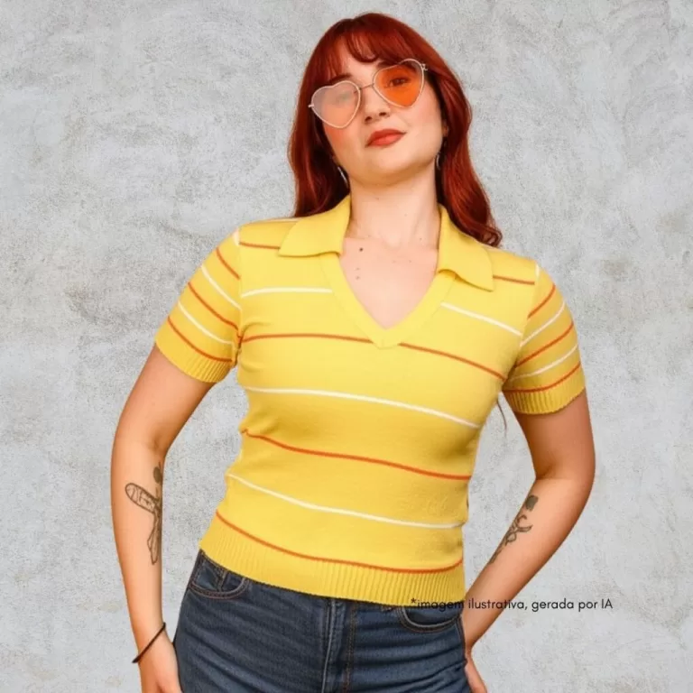 blusa pólo feminina tricô cropped listrada retr�
