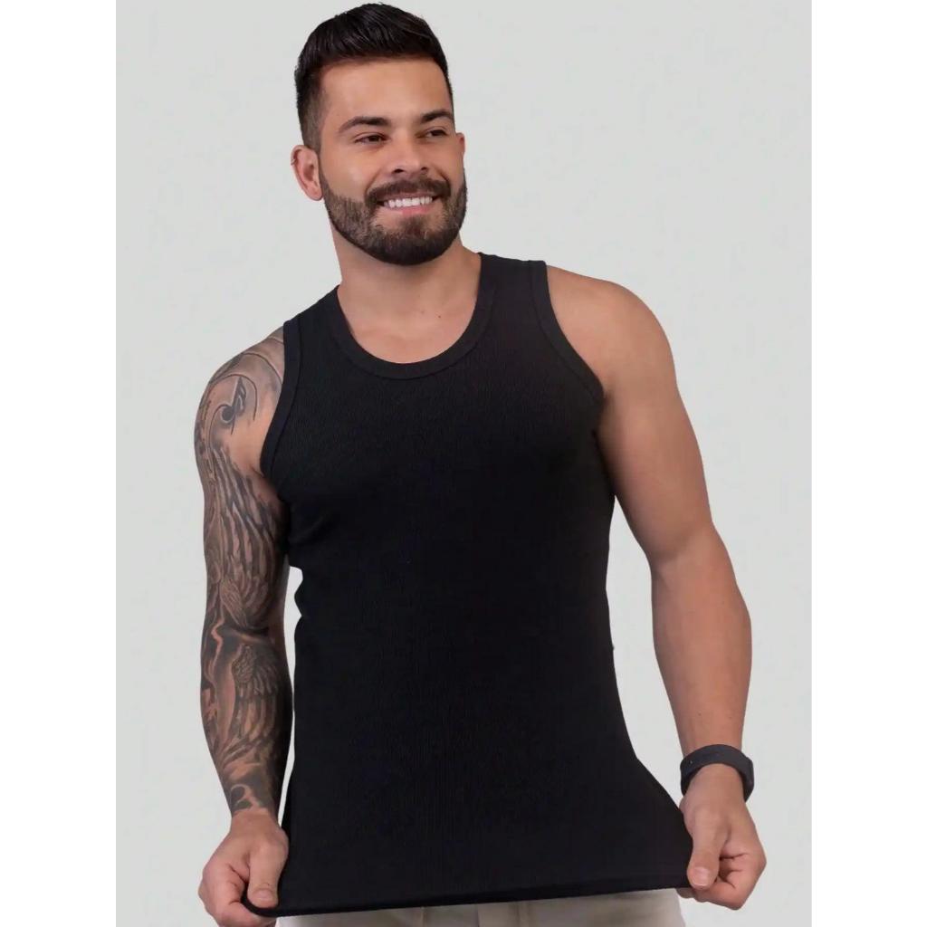 Regata Masculina Básica canelada de algodão com elastano, academia